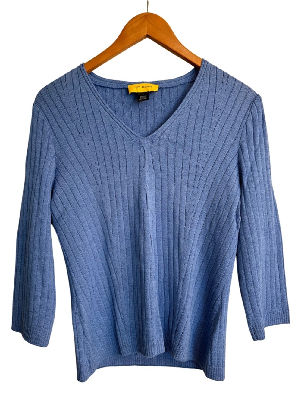 St. John Collection Blue Santana Knit Style Ribbed V-Neck 3/4th Sleeve Sz S - Picture 9 of 14